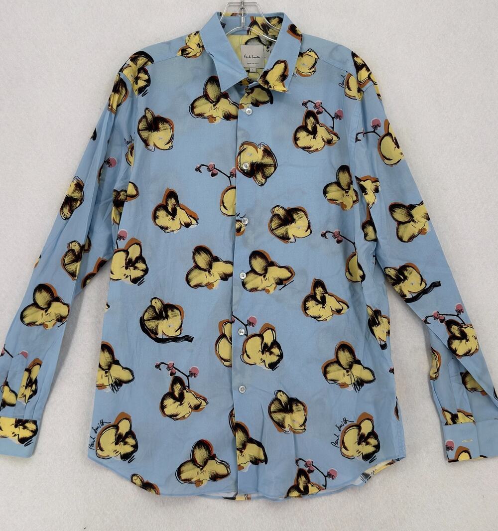 Paul Smith Mens Light Blue Orchid Print Collared Button Down Shirt Sz L NEW